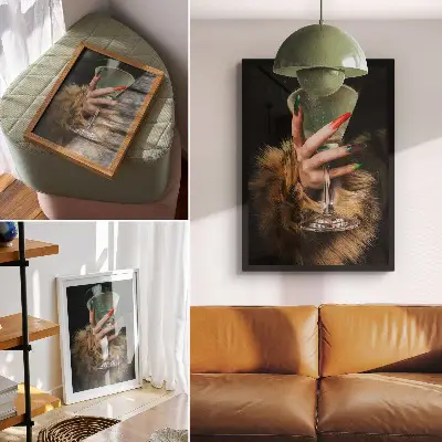 Póster de mano con uñas de colores y piel de cristal con colores saturados