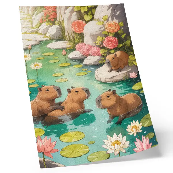 Lienzo decorativo moderno capibaras en el estanque con flores y armonía de la naturaleza