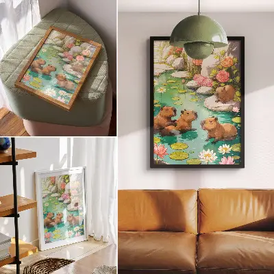 Lienzo decorativo moderno capibaras en el estanque con flores y armonía de la naturaleza