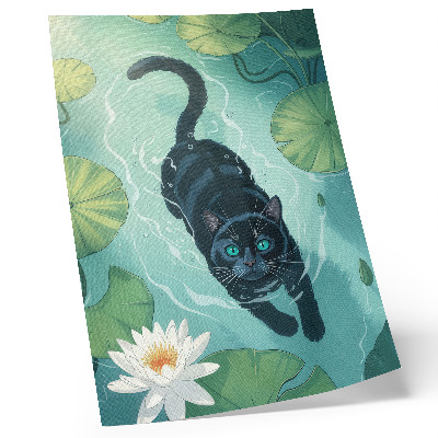 Póster gato en el agua con delicadas hojas de nenúfar