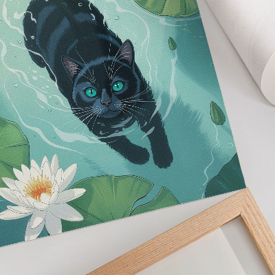 Póster gato en el agua con delicadas hojas de nenúfar
