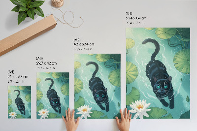 Póster gato en el agua con delicadas hojas de nenúfar