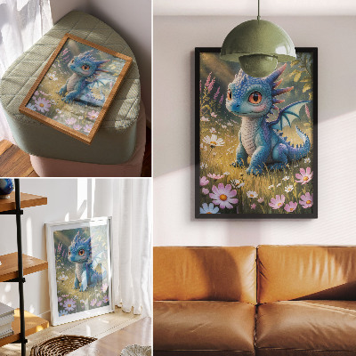 Lámina artística de alta calidad un elegante dragón azul entre flores