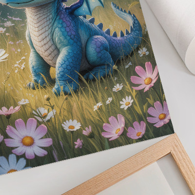 Lámina artística de alta calidad un elegante dragón azul entre flores