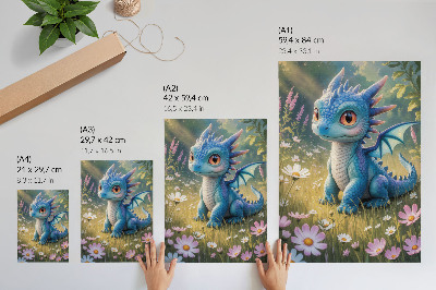 Lámina artística de alta calidad un elegante dragón azul entre flores