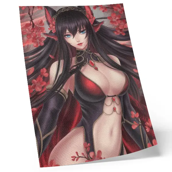 Póster con colores saturados belleza y elegancia del anime con diseño dinámico en rojo y negro