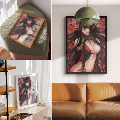 Póster con colores saturados belleza y elegancia del anime con diseño dinámico en rojo y negro