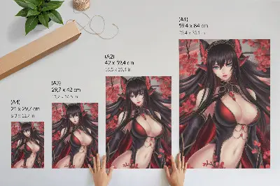 Póster con colores saturados belleza y elegancia del anime con diseño dinámico en rojo y negro