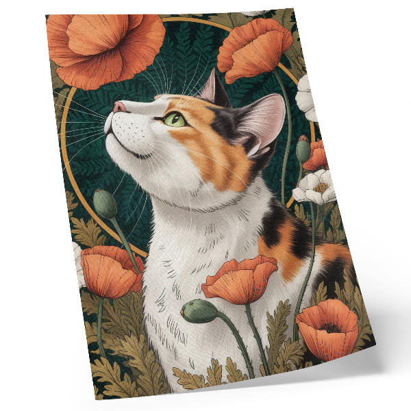 Póster ilustrado con un gato entre amapolas de estilo natural