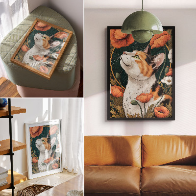 Póster ilustrado con un gato entre amapolas de estilo natural