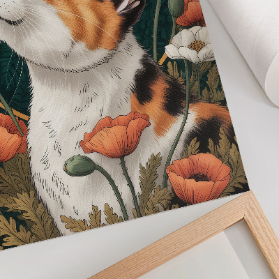 Póster ilustrado con un gato entre amapolas de estilo natural