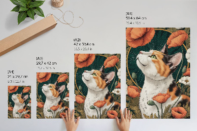 Póster ilustrado con un gato entre amapolas de estilo natural