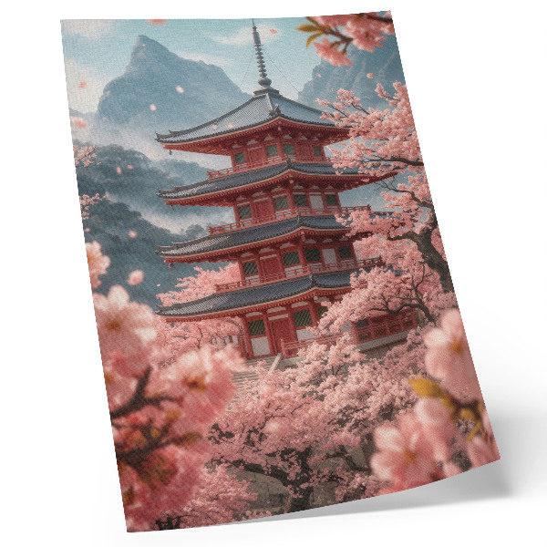 Póster con colores saturados Pagoda de cerezos en las montañas, ambiente romántico