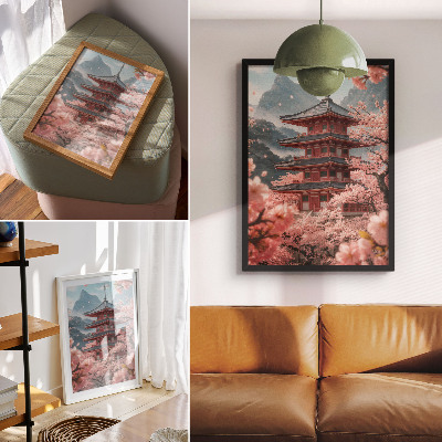 Póster con colores saturados Pagoda de cerezos en las montañas, ambiente romántico