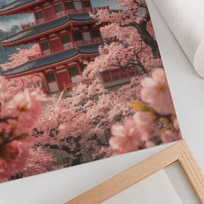 Póster con colores saturados Pagoda de cerezos en las montañas, ambiente romántico