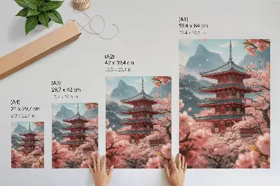 Póster de pagoda de cerezos en las montañas con colores saturados y ambiente romántico