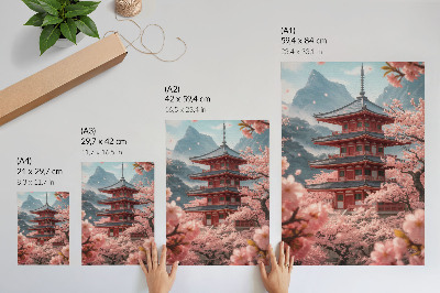 Póster con colores saturados Pagoda de cerezos en las montañas, ambiente romántico