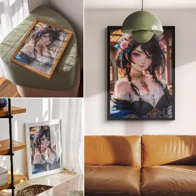 Retrato fantástico de una mujer con joyas póster con colores saturados