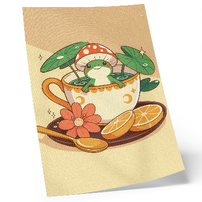 Lienzo decorativo moderno Rana en una taza de flores, naranjas y hojas.