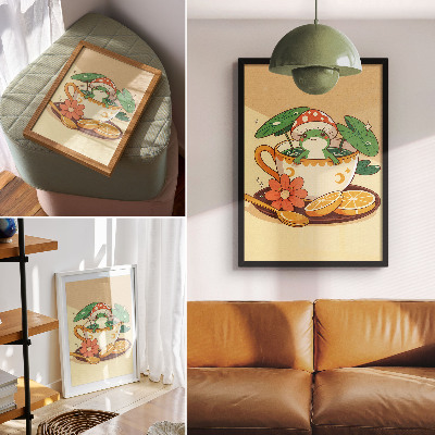 Lienzo decorativo moderno diseño de rana en una taza con flores, naranjas y hojas
