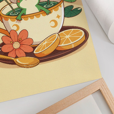 Lienzo decorativo moderno diseño de rana en una taza con flores, naranjas y hojas