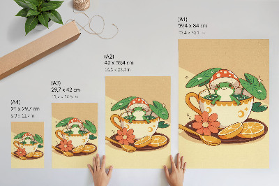 Lienzo decorativo moderno diseño de rana en una taza con flores, naranjas y hojas