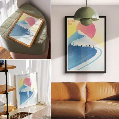 Póster con escena minimalista de esquiadores bajo el cielo