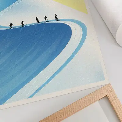 Póster con escena minimalista de esquiadores bajo el cielo