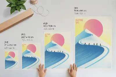 Póster con escena minimalista de esquiadores bajo el cielo