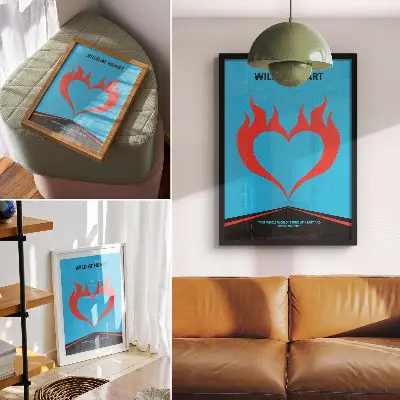 Lámina artística Corazón de llamas rojas diseño moderno sobre fondo azul