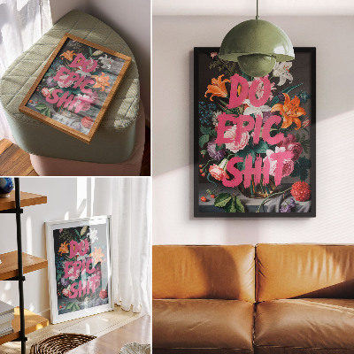 Póster con colores saturados Letras rosas sobre un fondo de flores coloridas