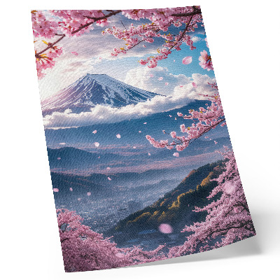 Lámina artística de alta calidad Montañas y cerezos en flor bajo un cielo rosado