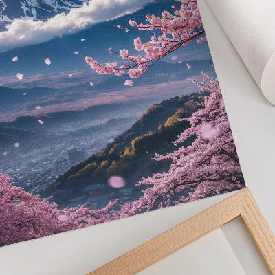 Lámina artística de alta calidad Montañas y cerezos en flor bajo un cielo rosado