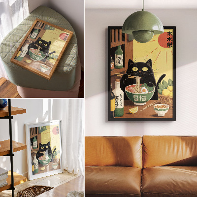 Póster Gato con ramen y limones, temática japonesa, ambiente atemporal
