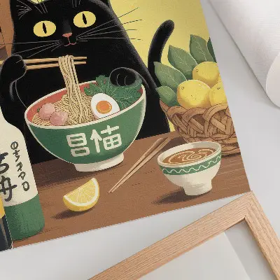 Póster de gato con ramen y limones de estilo japonés con ambiente atemporal