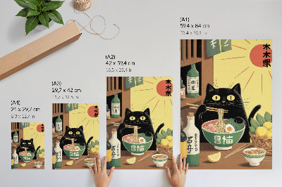 Póster Gato con ramen y limones, temática japonesa, ambiente atemporal