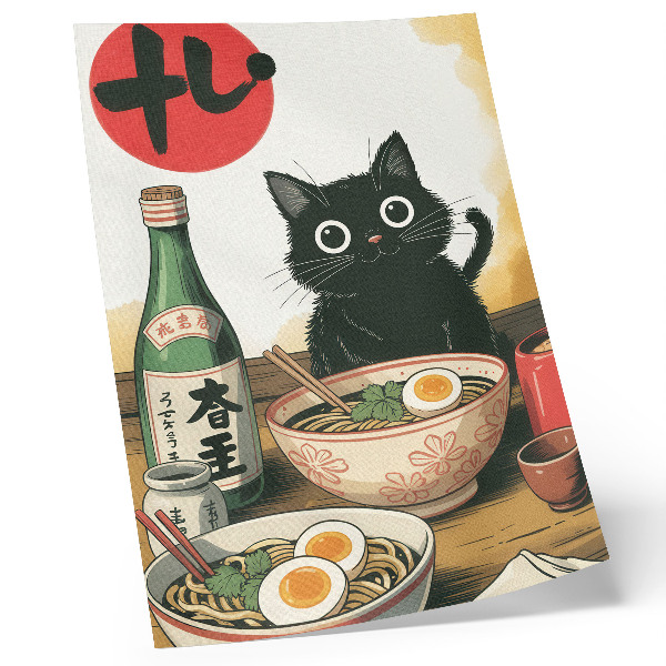 Lámina artística de alta calidad Botella de sake ramen con gato negro, motivo japonés