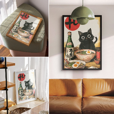 Lámina artística de alta calidad Botella de sake ramen con gato negro, motivo japonés