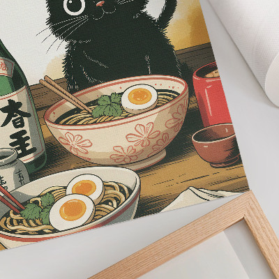 Lámina artística de alta calidad Botella de sake ramen con gato negro, motivo japonés