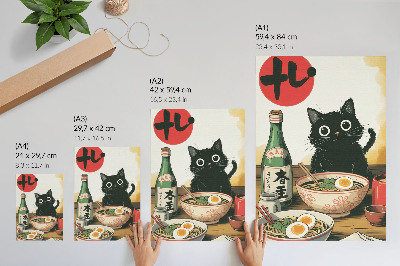 Lámina artística de alta calidad Botella de sake ramen con gato negro, motivo japonés