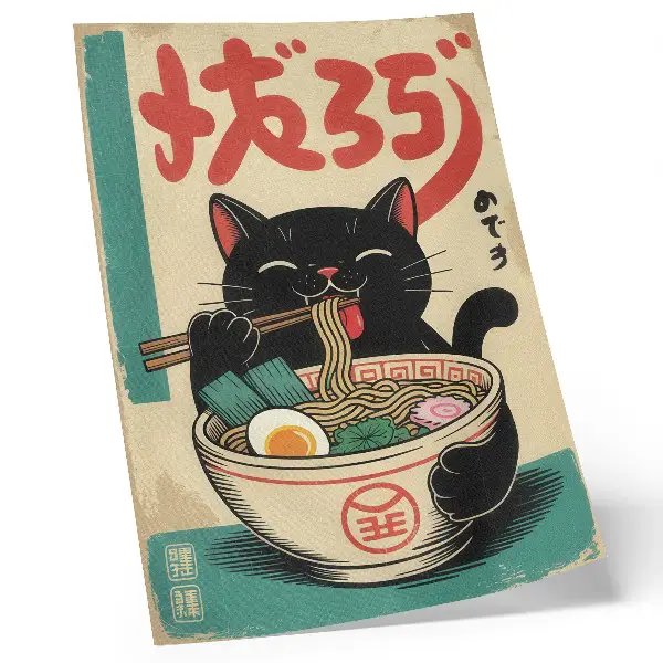 Bol de ramen Black Cat con diseño de inspiraciones retro japonesas y colores saturados