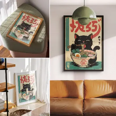 Bol de ramen Black Cat con diseño de inspiraciones retro japonesas y colores saturados