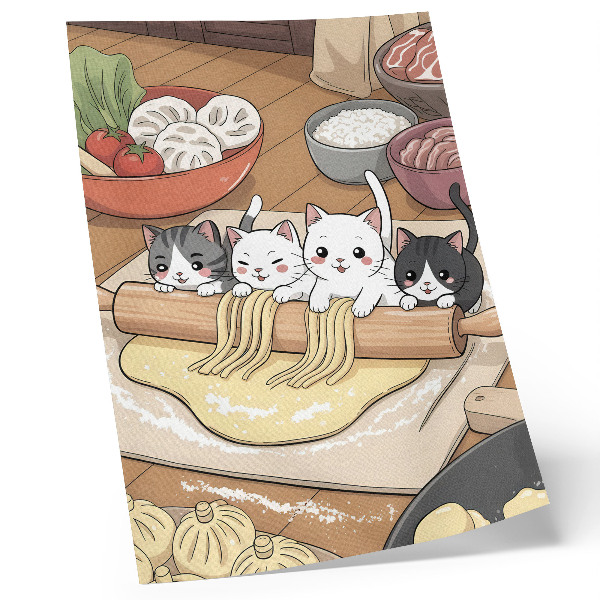 Lienzo decorativo moderno ilustración de gatitos en la cocina con una paleta de colores cálidos