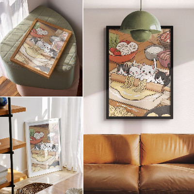 Lienzo decorativo moderno ilustración de gatitos en la cocina con una paleta de colores cálidos