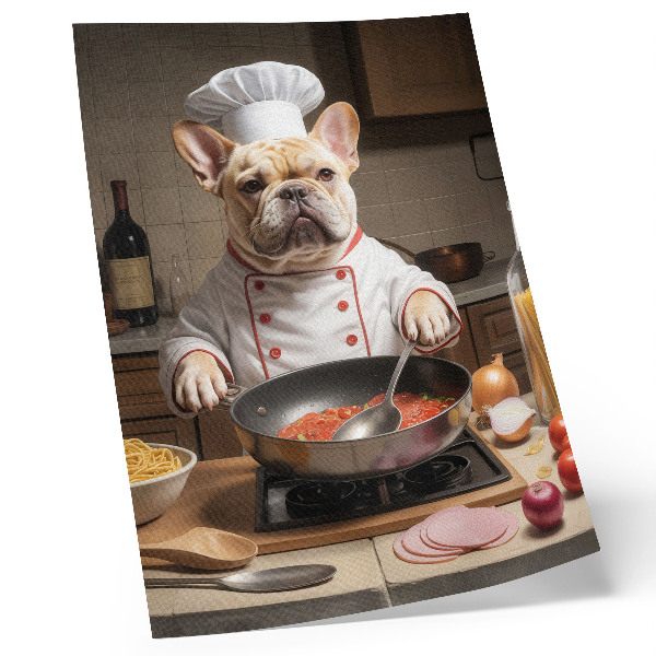 Póster Bulldog en la cocina, estilo surrealista y divertido