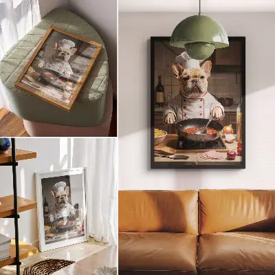 Póster bulldog en la cocina de estilo surrealista y divertido