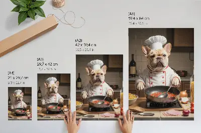 Póster bulldog en la cocina de estilo surrealista y divertido