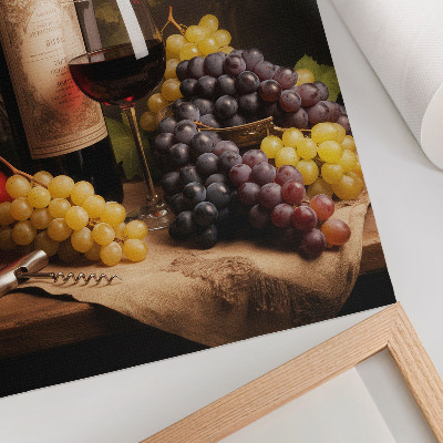 Póster de elegancia con uvas, manzana y vino con colores saturados