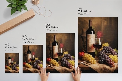 Póster de elegancia con uvas, manzana y vino con colores saturados