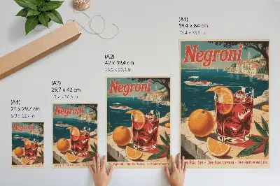 Póster con colores intensos que evocan un ambiente vacacional de mar y tonos naranja